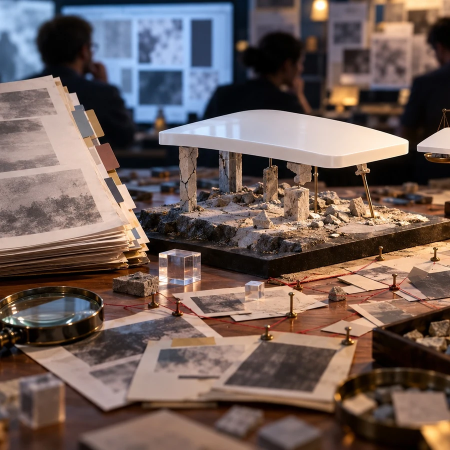 Editorial illustration of a research workspace with a model classroom, paper records, and a magnifying glass.