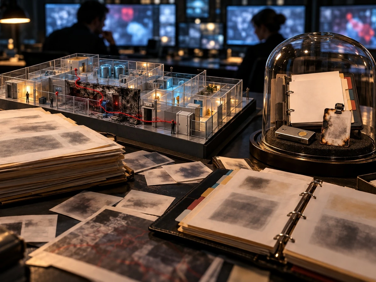 Editorial illustration of a miniature computer facility, an alert card under glass, and investigation files.