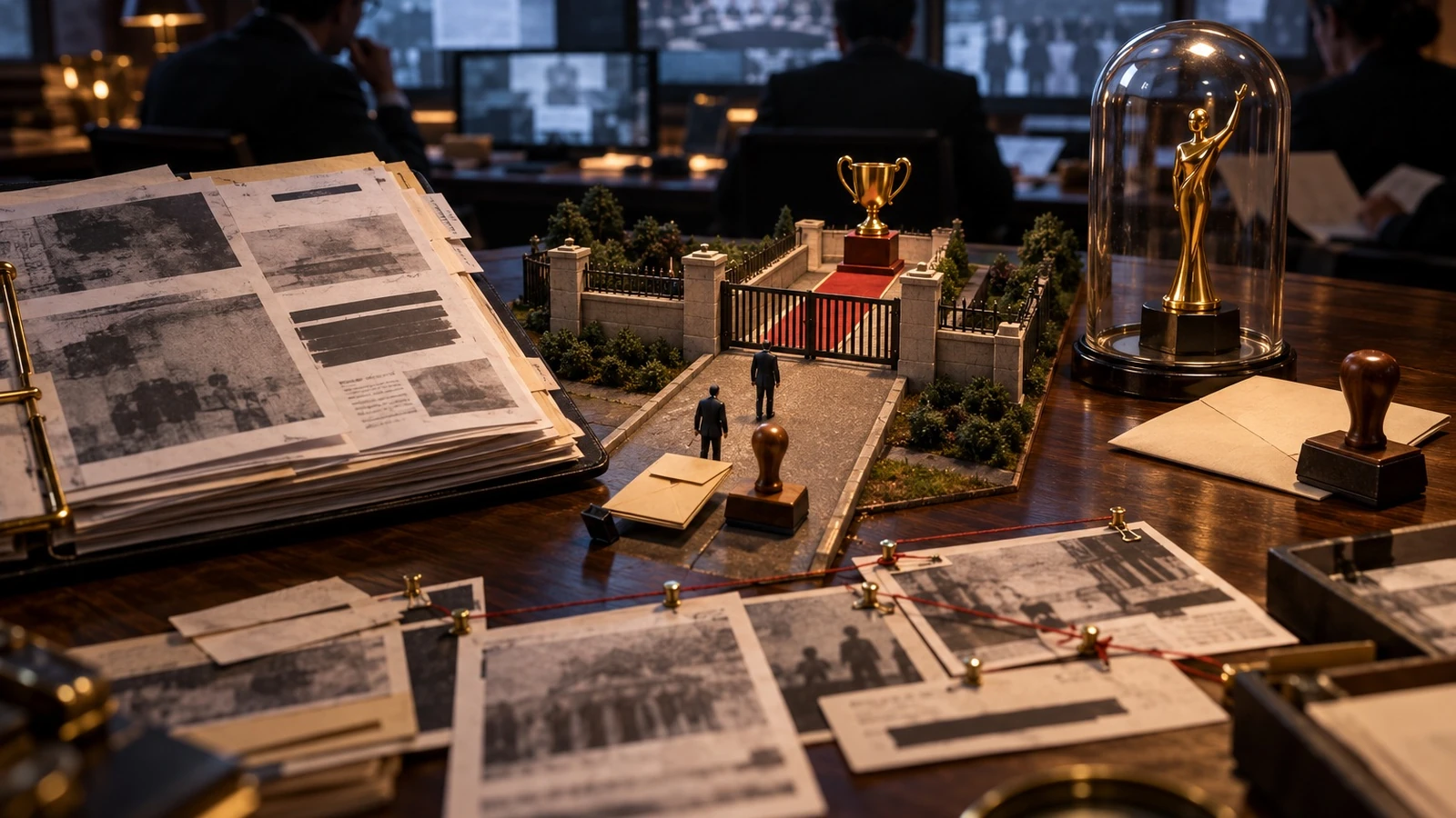 Editorial illustration of an award trophy beyond a small gate, surrounded by university paperwork.
