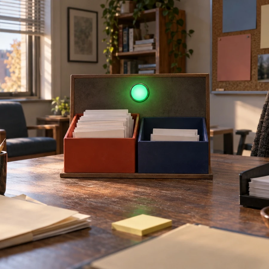 Two bins of anonymous cards sit below a single green indicator in an empty office.