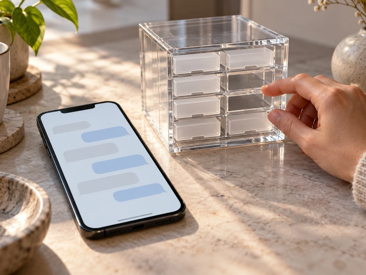 A blank chat screen lies beside a clear drawer while a hand checks its empty slots.