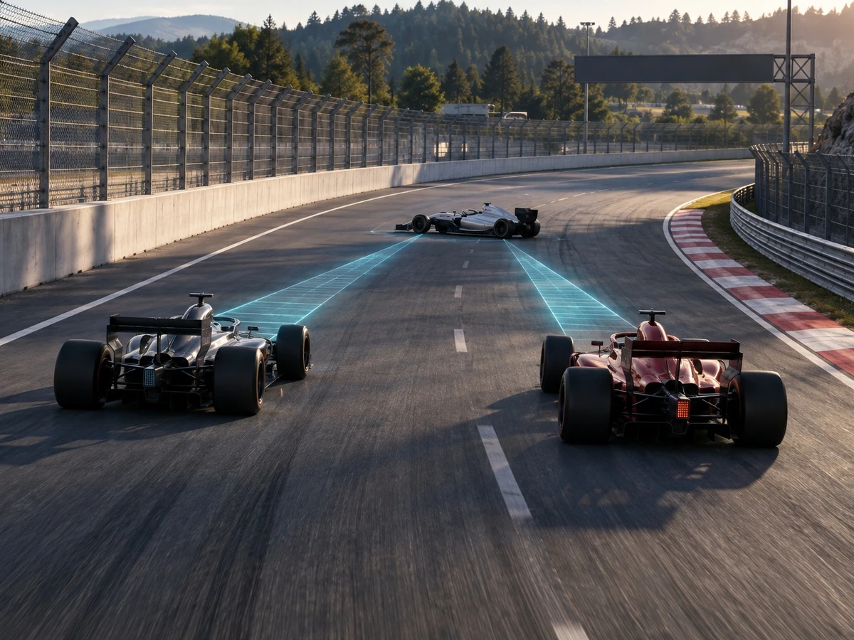 Two unbranded race cars approach a stopped car on a closed circuit.