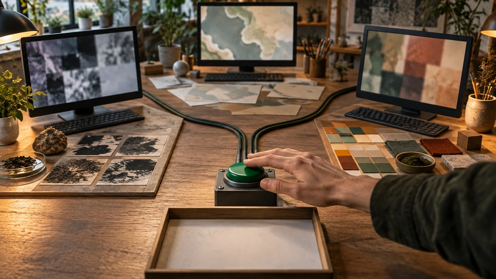 A hand reaches for a green switch before three separate research screens and an empty review tray.