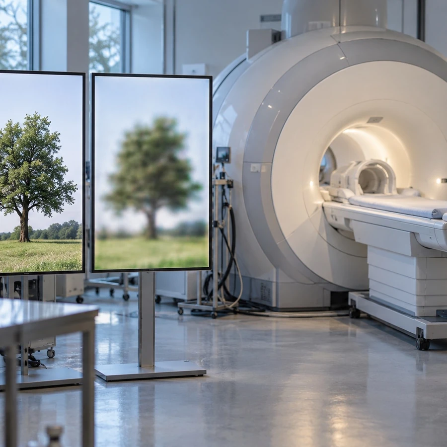 A large brain scanner stands beside a clear tree image and a blurred version of the tree.