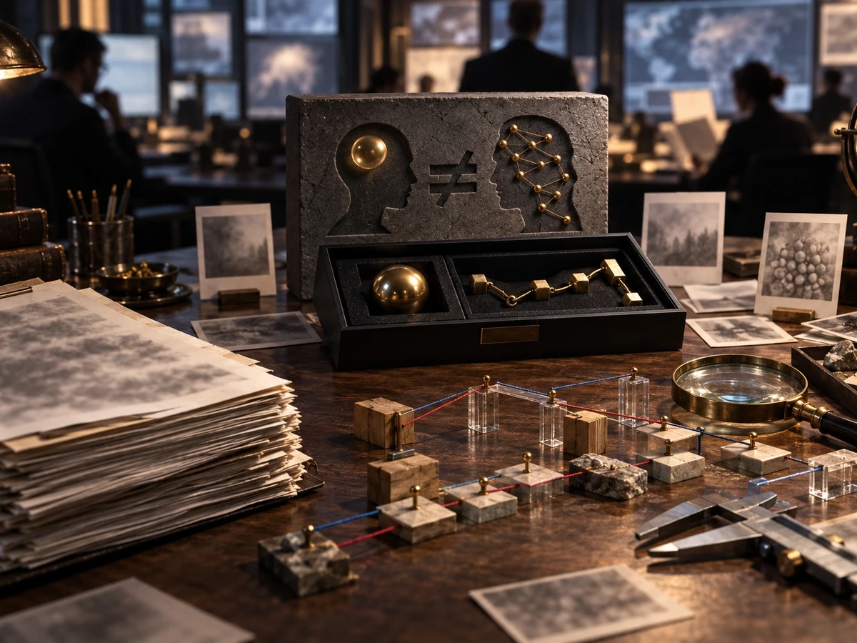 Illustrated desk with papers, a magnifying glass, and a box showing two different head-shaped symbols.