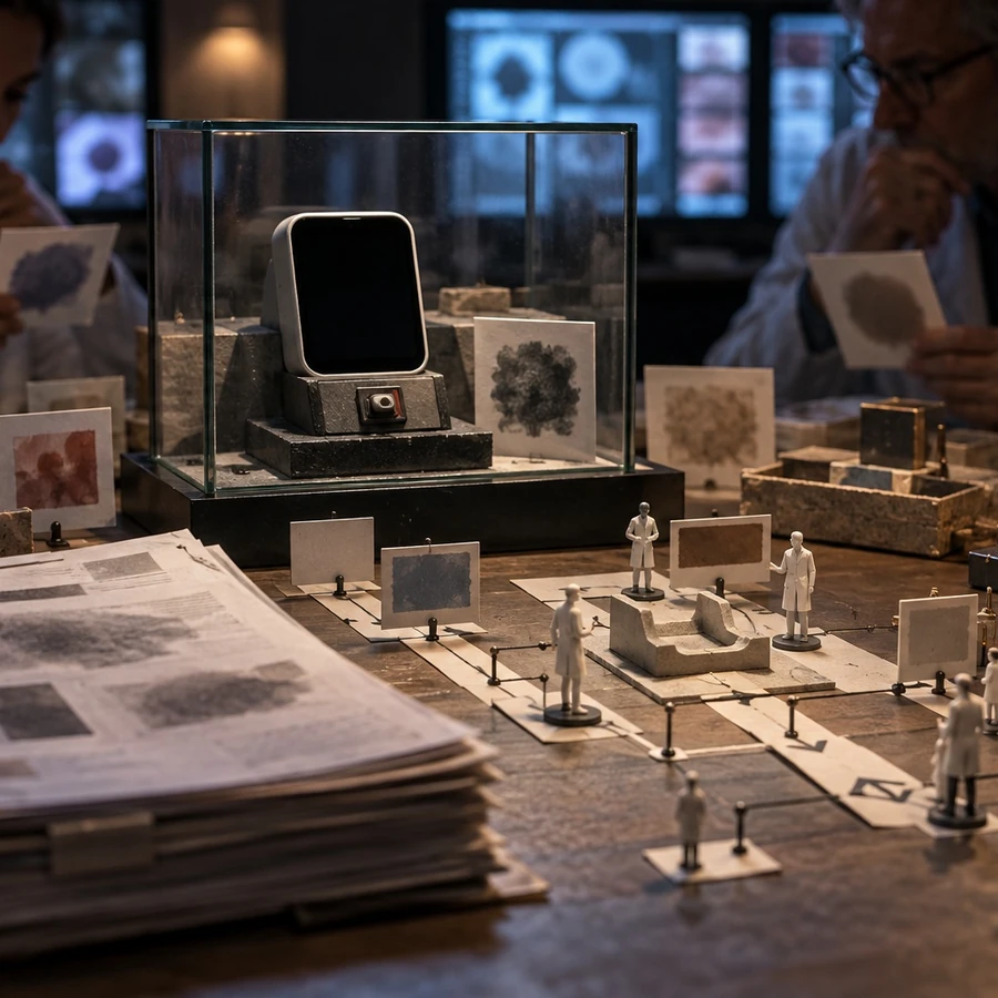 Two people examine picture cards beside a small screen in a glass case and a model of figures on a tabletop.