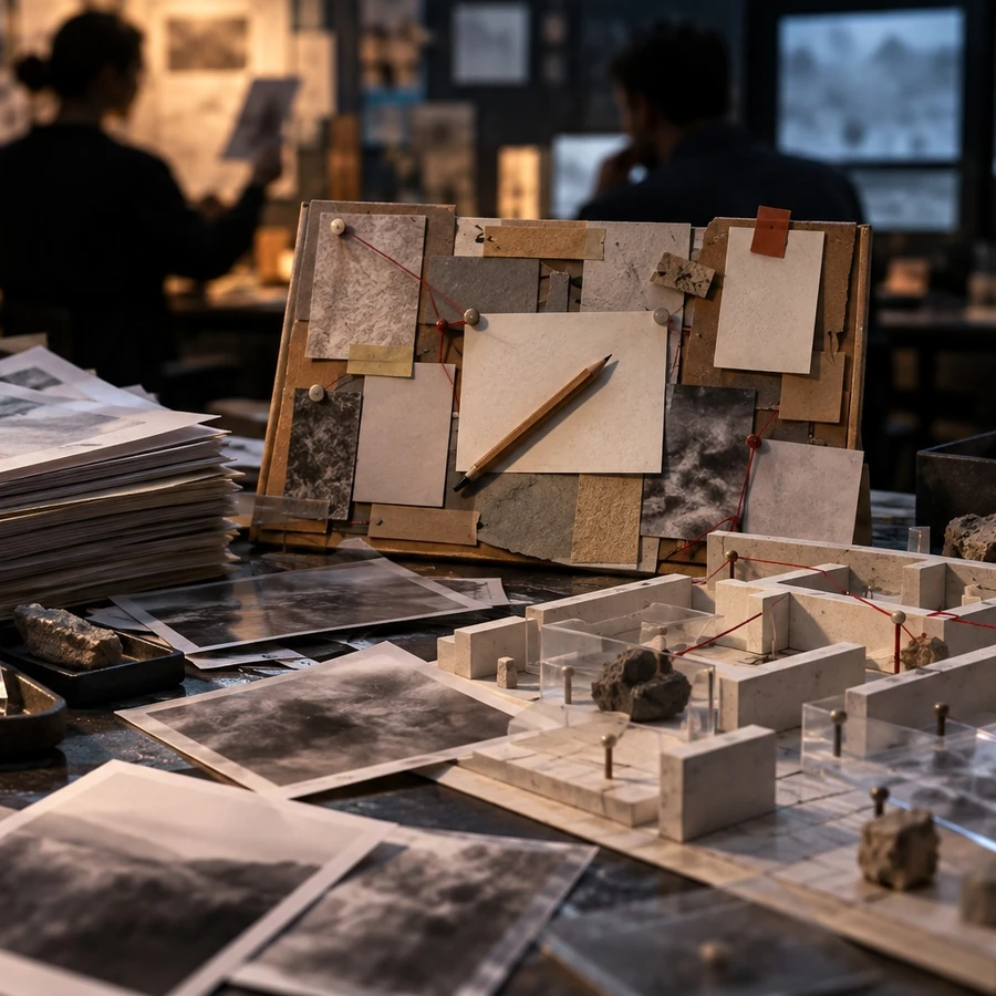 A pencil lies across a blank sheet pinned to a board beside a pile of paper, with people and screens out of focus behind it.