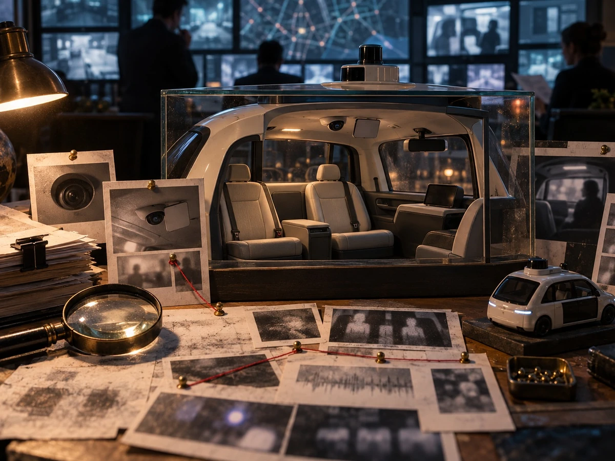 Illustration of a driverless car cabin surrounded by camera imagery and documents in a dim control room.