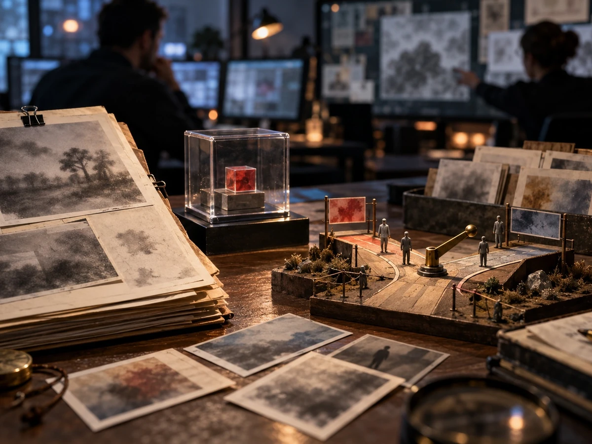 Illustration of a tabletop decision model, picture cards, and one red object isolated in a glass case, with reviewers in the background.