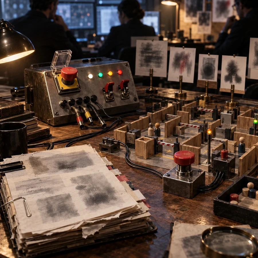 A physical control board with switches and indicator lights sits beside a small model of linked workstations.