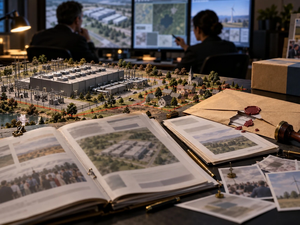 A scale model of a data center sits beside open documents as two people examine plans in the background.