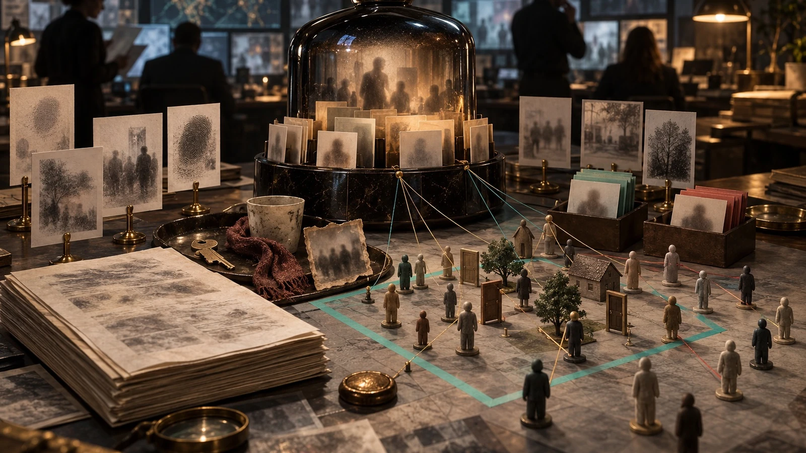 A tabletop model links anonymous people and photo cards beneath a glass dome, suggesting a network of remembered relationships.