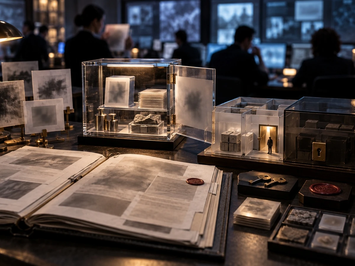 Research materials and small lab models sit in clear display cases on a desk while people work behind them.