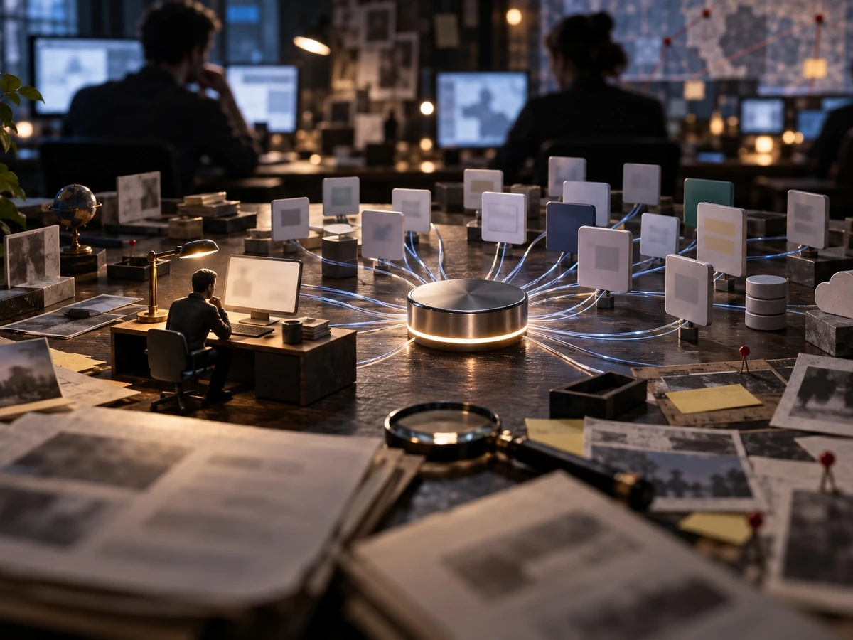 Small cards form a web around a central device on a tabletop as analysts examine screens in the background.