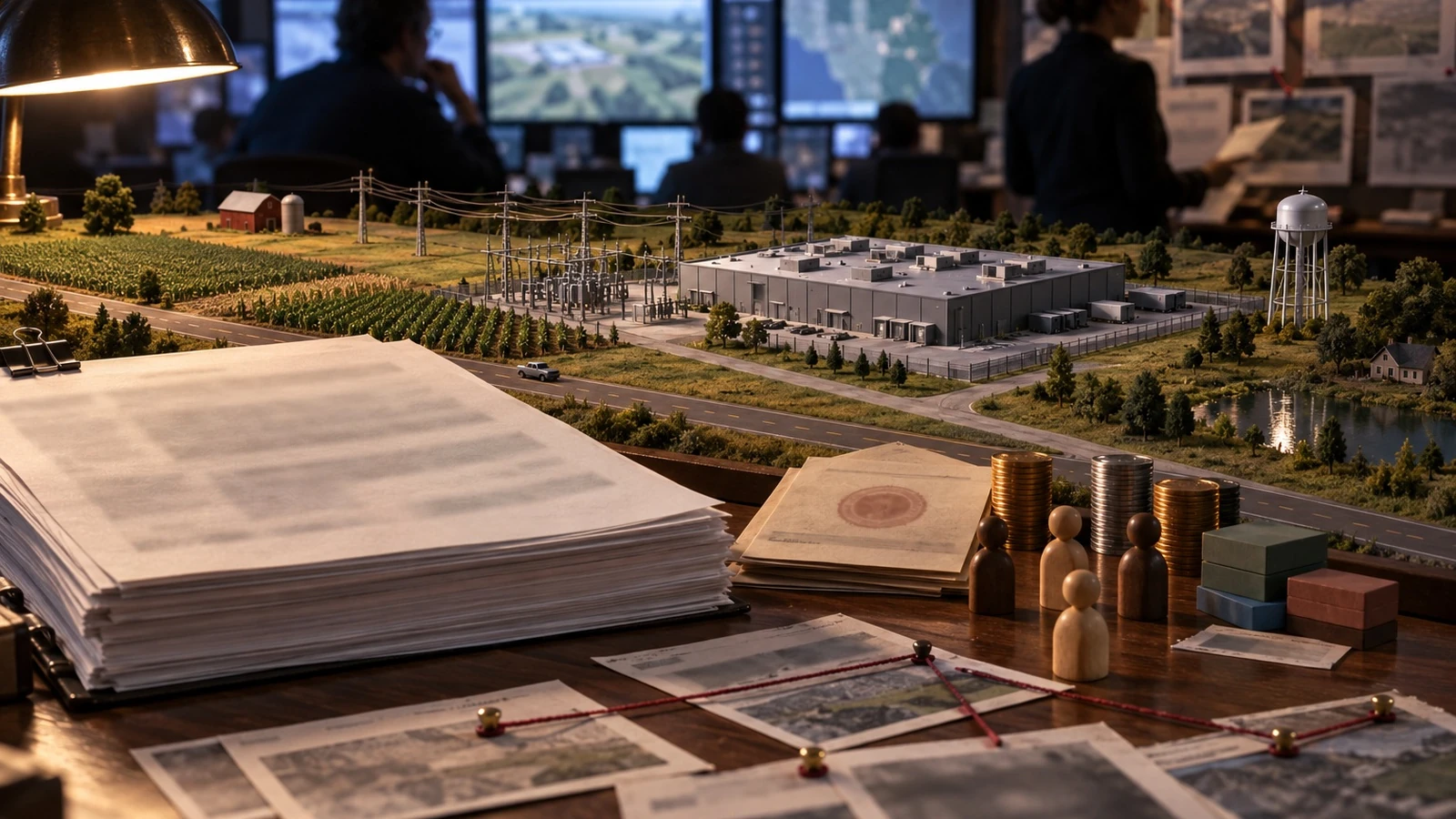 A miniature rural data center and fields sit beside stacks of blank files on an editorial tabletop.