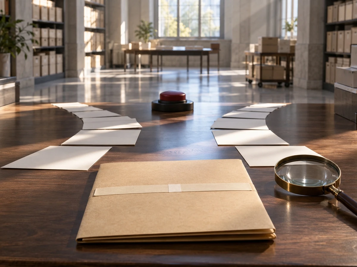 A blank sealed folder, loose blank papers, a magnifier, and a review button sit in an empty records room.