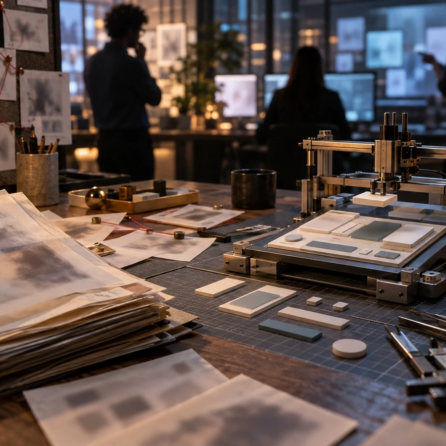 A design table holds paper sketches and a model interface as a group plans work nearby.