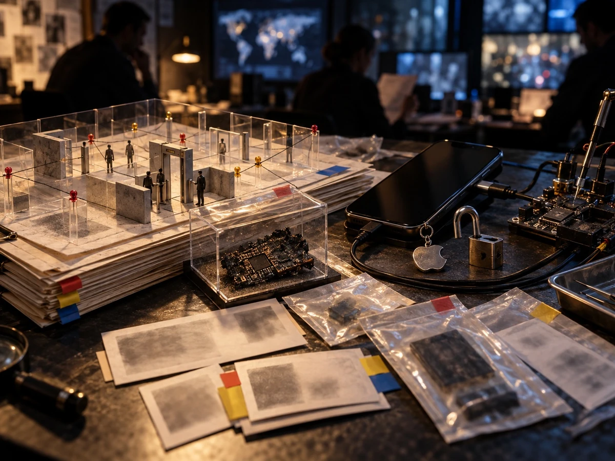 A security investigation table with circuit boards, locks and files in a dim control room.