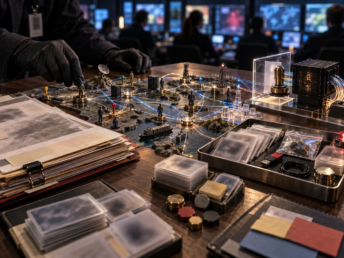 A person examines a tabletop network model in a busy cyber operations room.