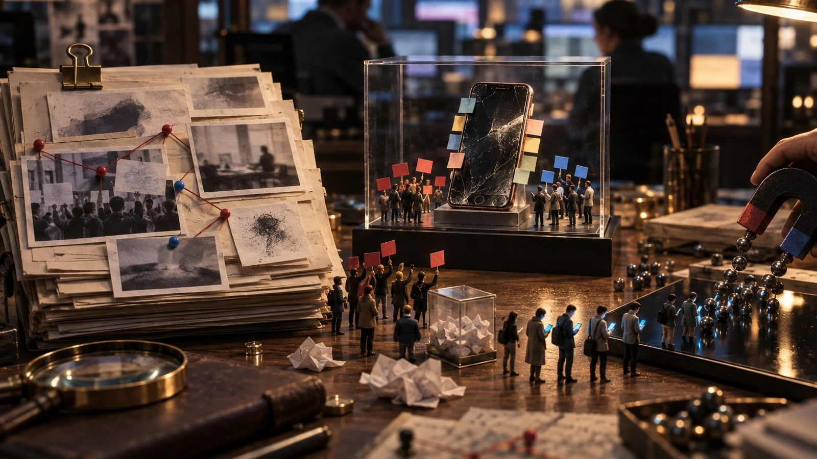 A tabletop display of people and documents beside a phone, suggesting mixed public views of AI.