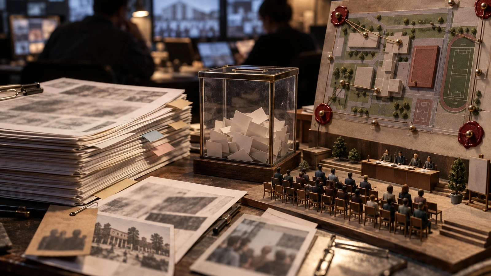 A table of public records and model buildings sits before a blurred group reviewing a civic plan.