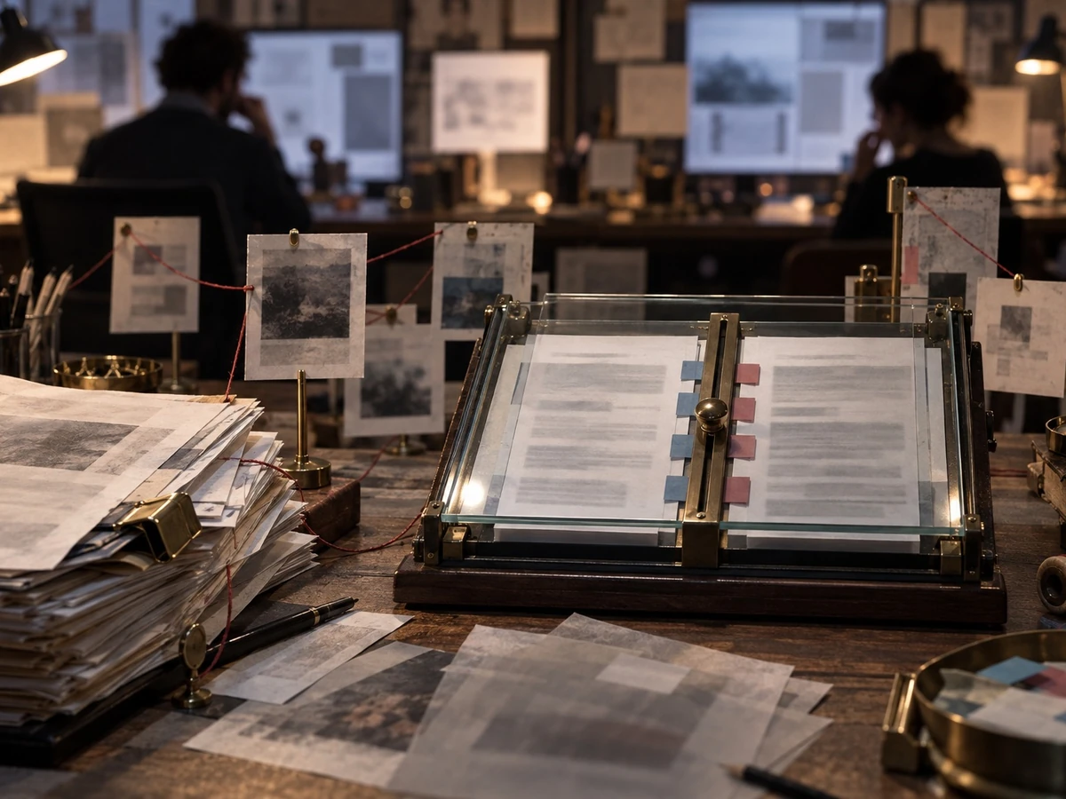 Two drafts sit side by side on a reading stand while editors work in the background.