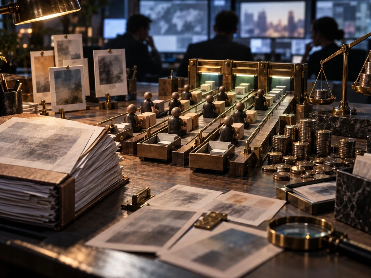 Several small workstations process documents in parallel on a crowded worktable.
