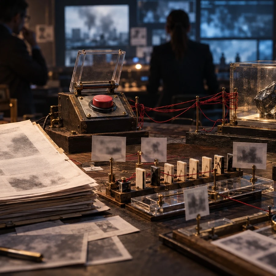 A person watches a worktable with a red control button and a sequence of task cards.