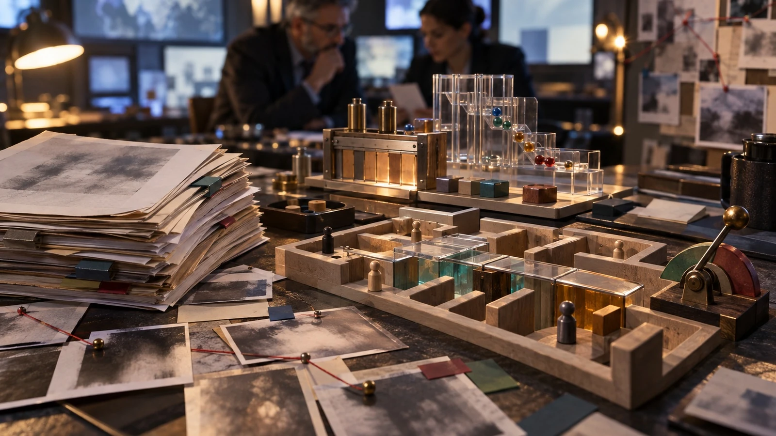 Two people review a tabletop maze and clear channels holding colored markers, beside stacks of papers.