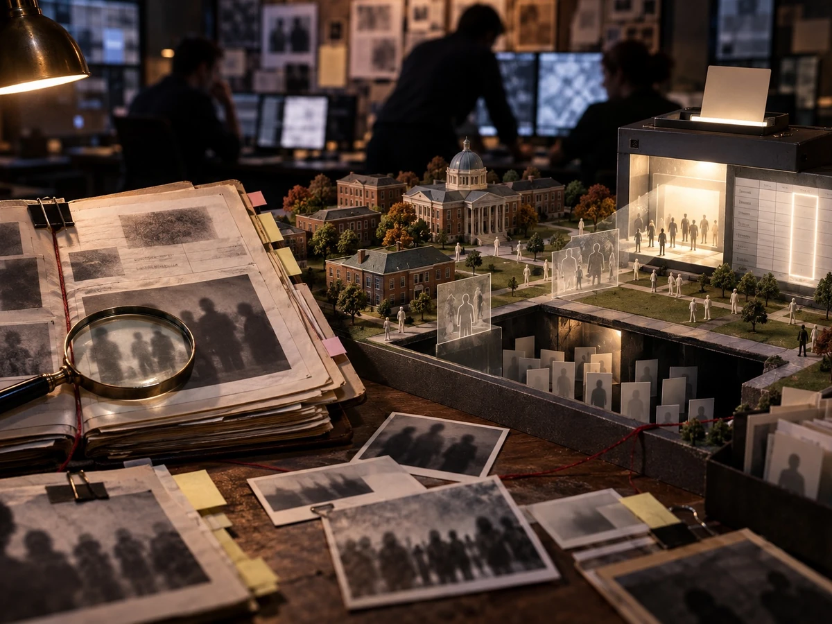 A magnifying glass rests on records beside a model college campus with groups of miniature people.