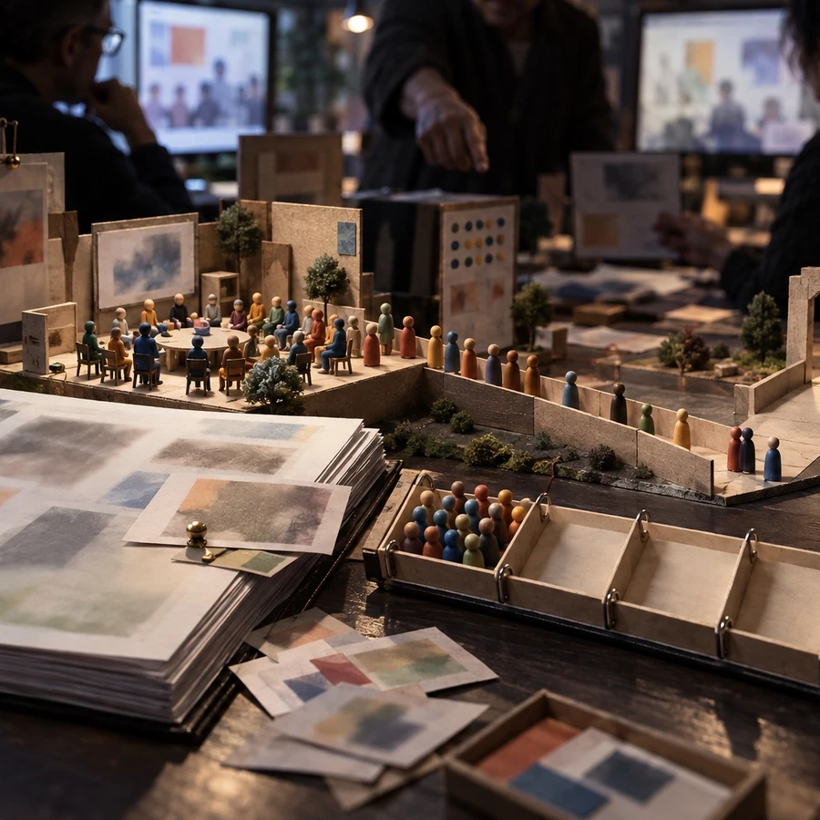 Small figures gather around one table while others wait along a path beside empty compartments.