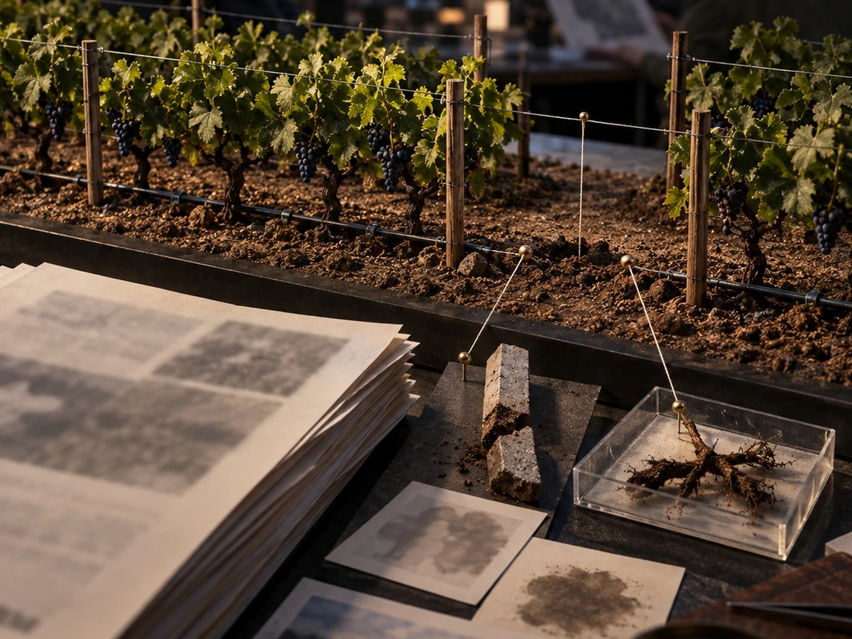A miniature vineyard row with a gap stands before researchers and unmarked field notes.