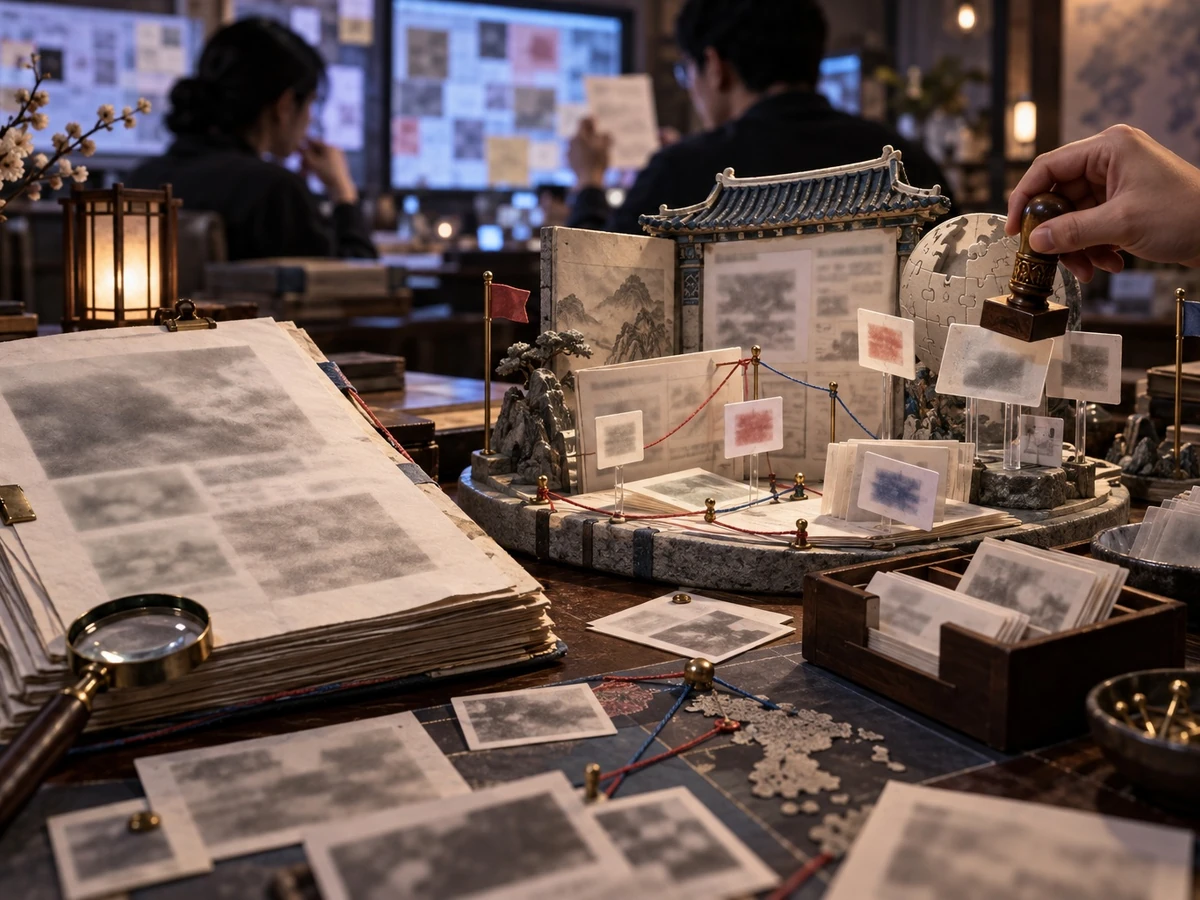 Editors review paper pages and a miniature display of linked cards beside an East Asian-style building model.
