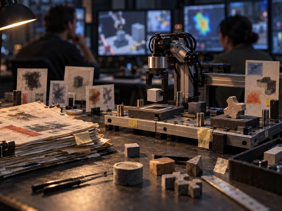 A robotic arm works at a test bench beside physical blocks and blurred work cards.