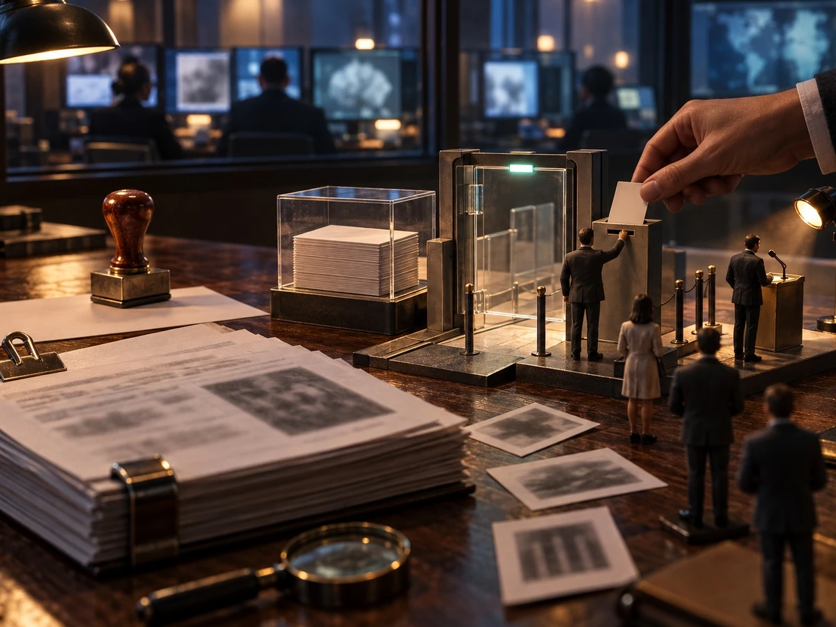 Miniature reviewers gather around a clear case beside blank paper in an editorial research scene.