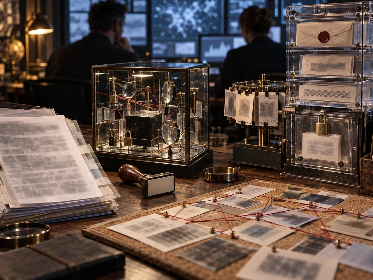 Paper stacks and glass test cases sit on a table in an editorial research scene.