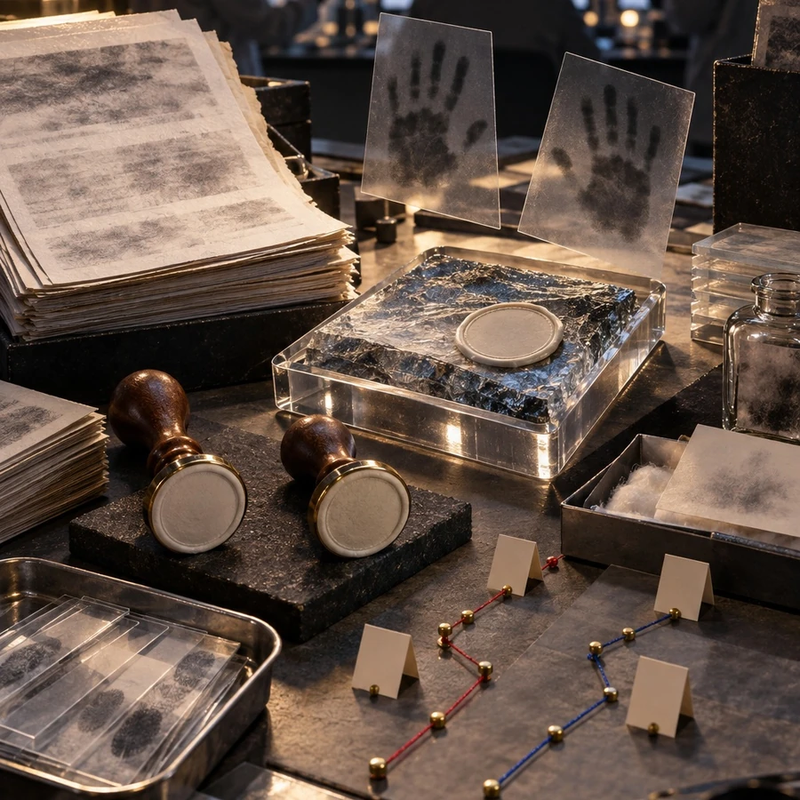 Blank submission papers, two unmarked stamps, and a magnifying lens rest on a desk.