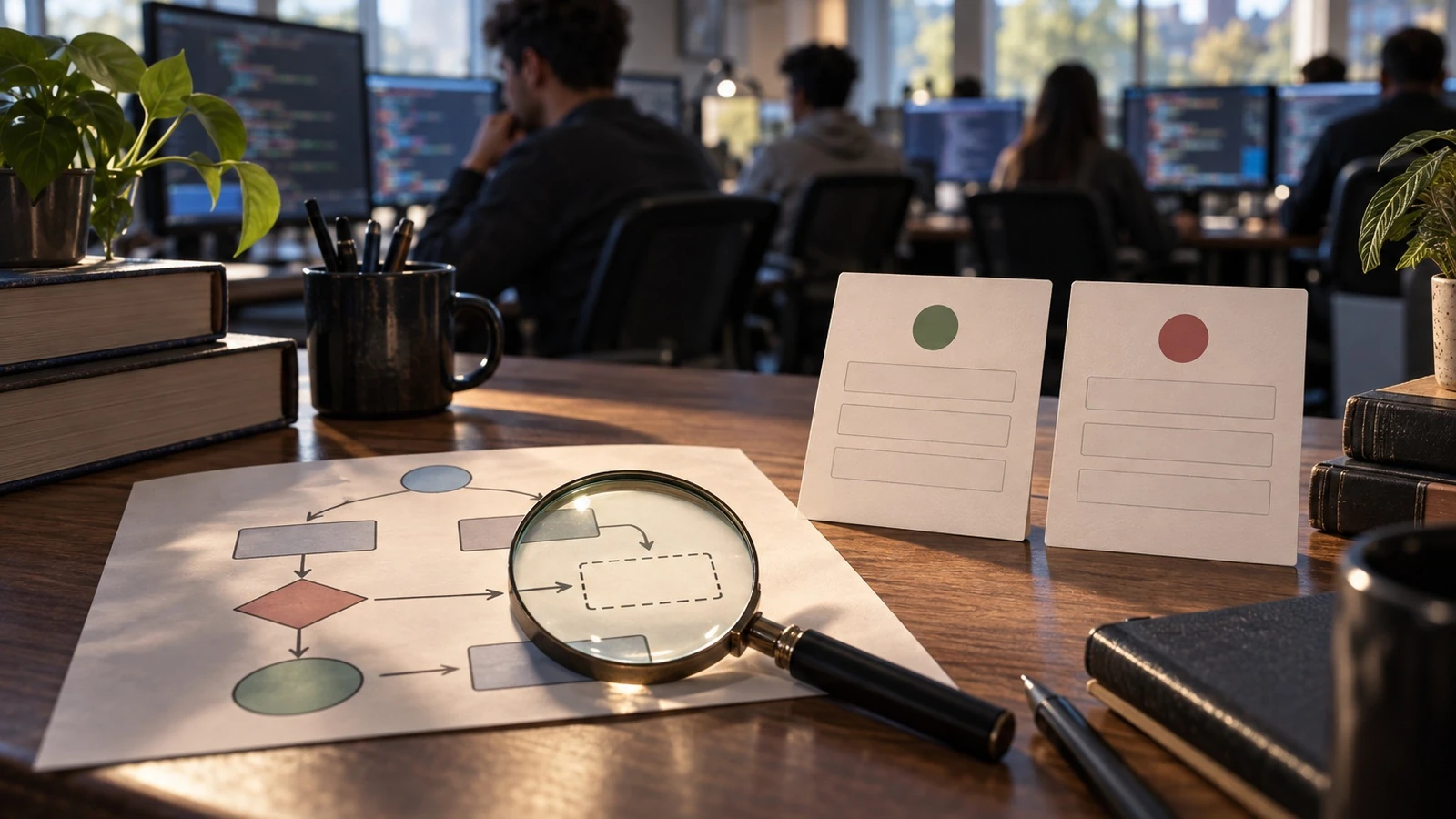 Blank scoring cards and a magnifying lens sit beside a programming sketch in a college computer lab.