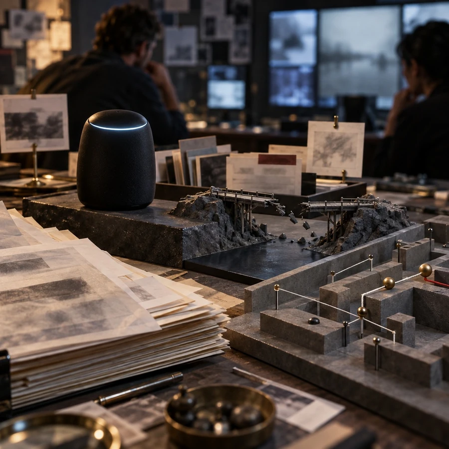 A black tabletop speaker faces an unfinished test maze beside blank work papers.