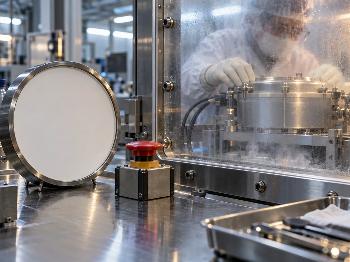 A blank-faced clock stands beside a safety switch and a sealed device in a testing lab.