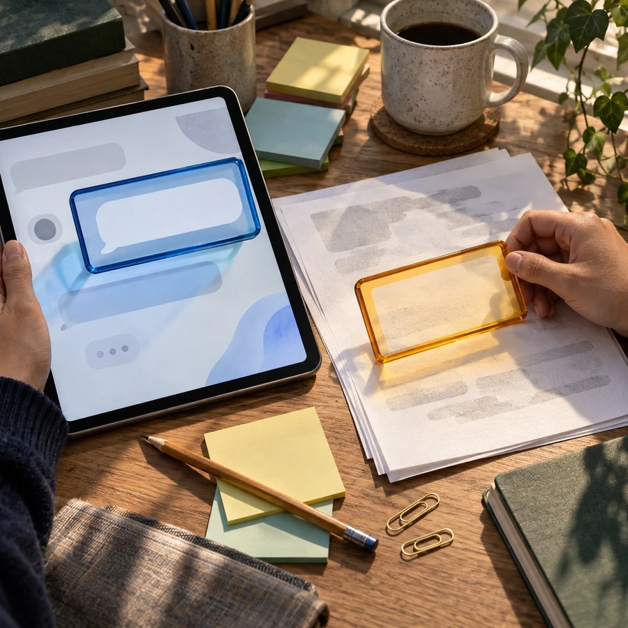 Two students use colored magnifying frames to inspect a blank draft beside a text-free AI tablet.