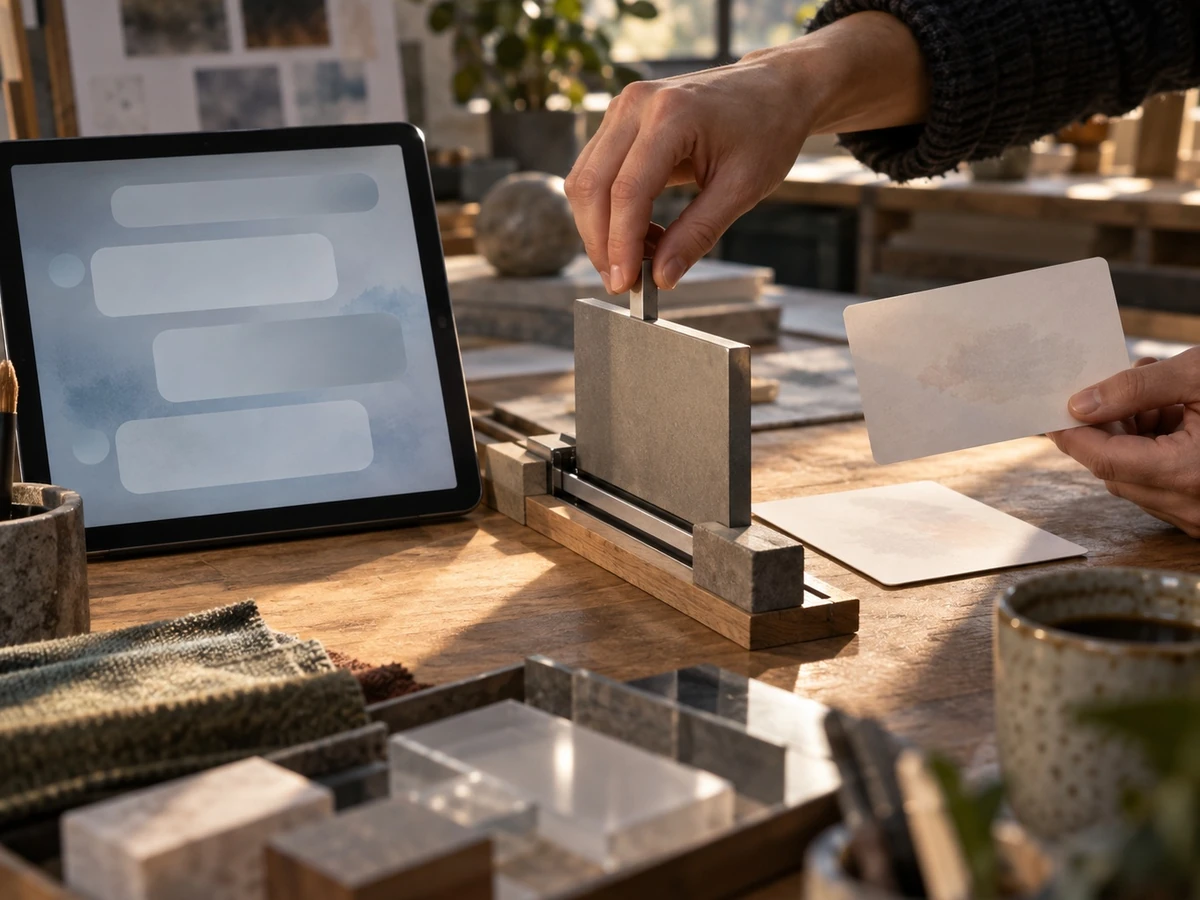 A hand adjusts a gate beside a text-free chat tablet and two blank request cards.