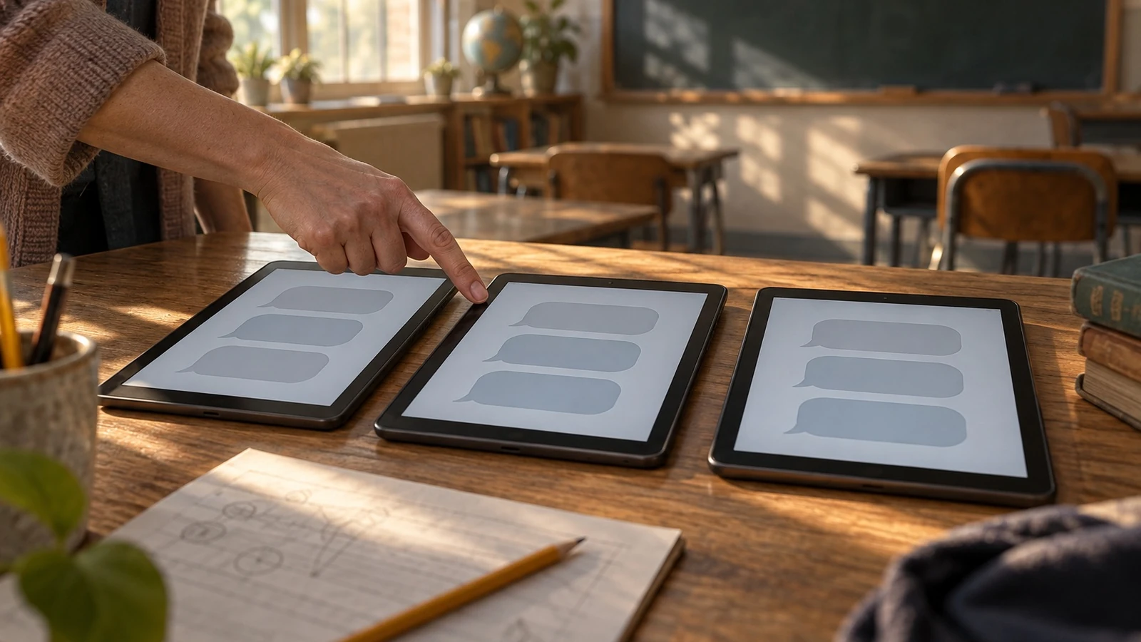 An educator compares three text-free tutor replies that repeat the same pattern beside unfinished work.
