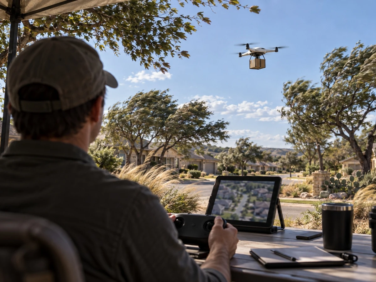 An adult remote pilot watches one unbranded delivery drone above a neighborhood on a windy day.