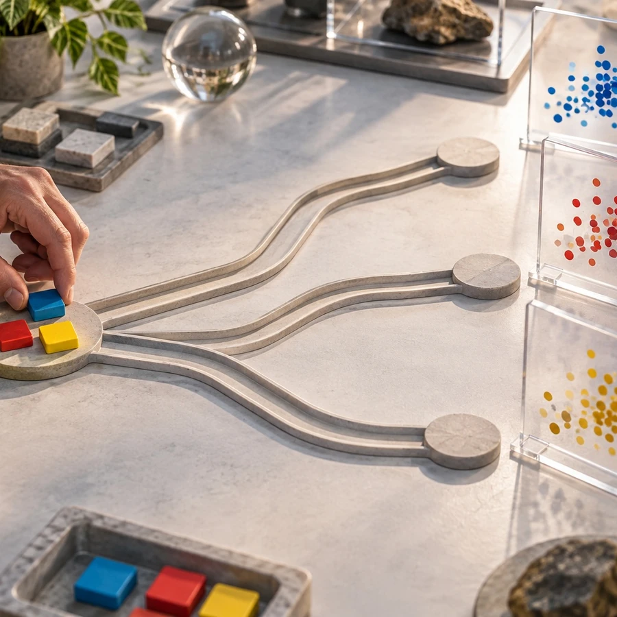 A hand moves question tiles along branching tracks beside three panels of unlabeled data dots.
