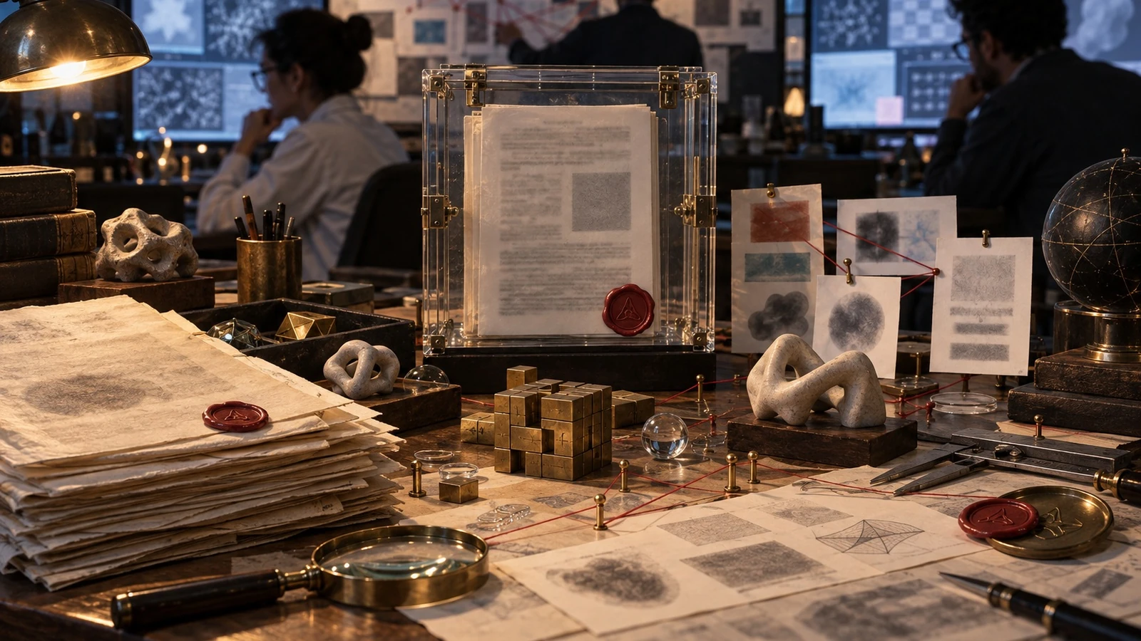 Illustration of blurred math papers, small geometric models, and researchers at desks.