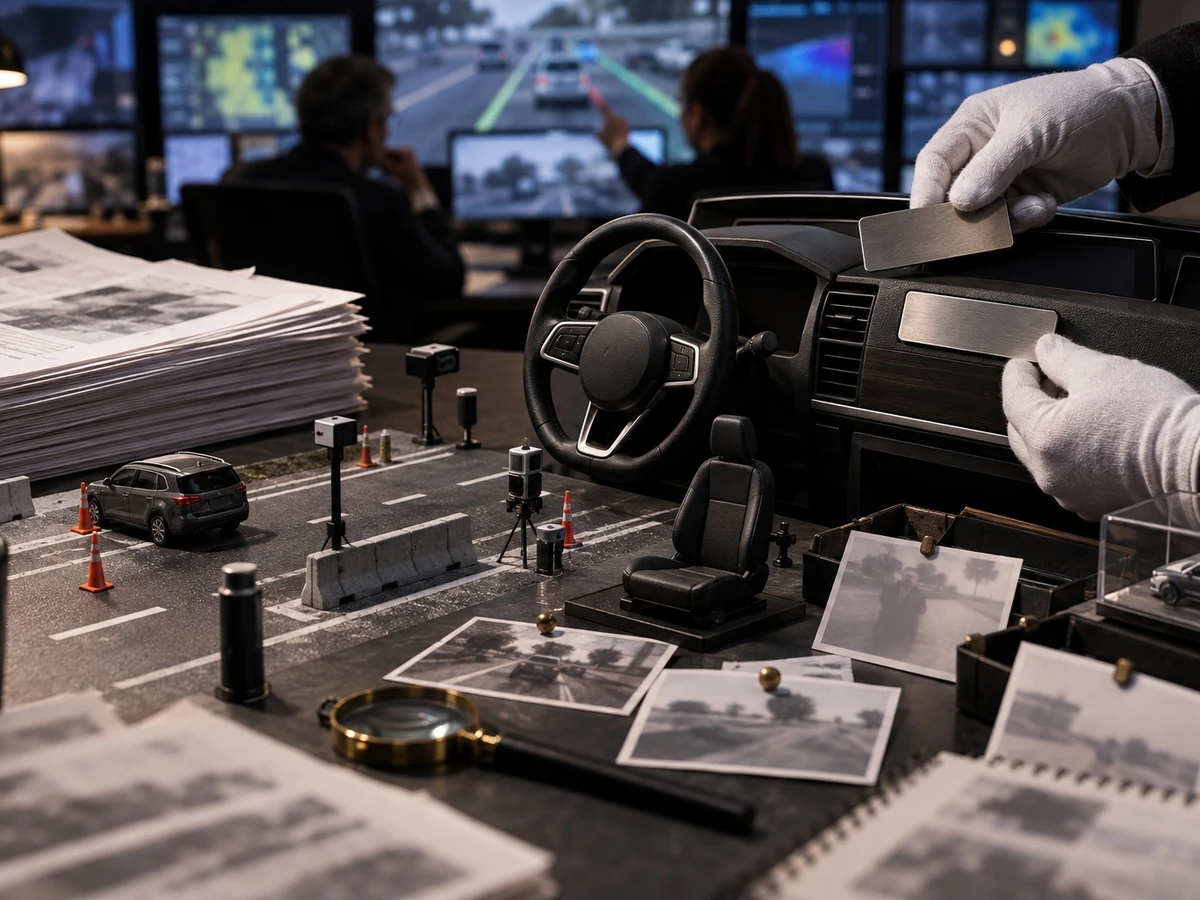 Illustration of a model road, car, steering wheel, and blank labels on a review desk.