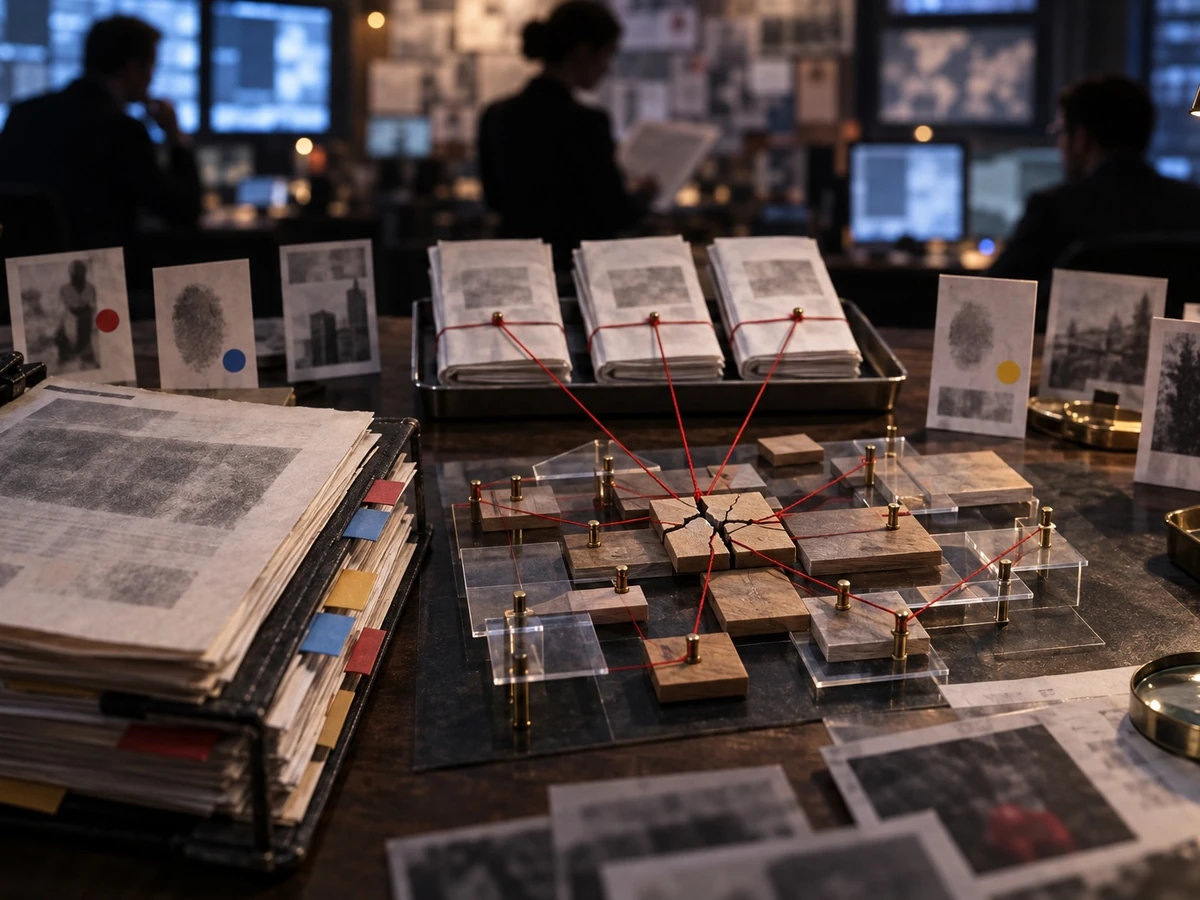 Illustration of paper stacks and linked documents arranged on a research desk.