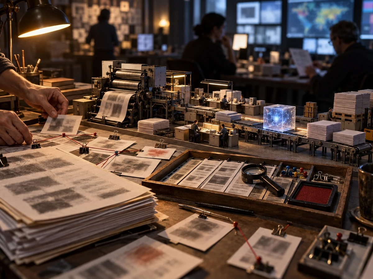 Illustration of a publishing workspace with pages, printing tools, and a small glowing screen.